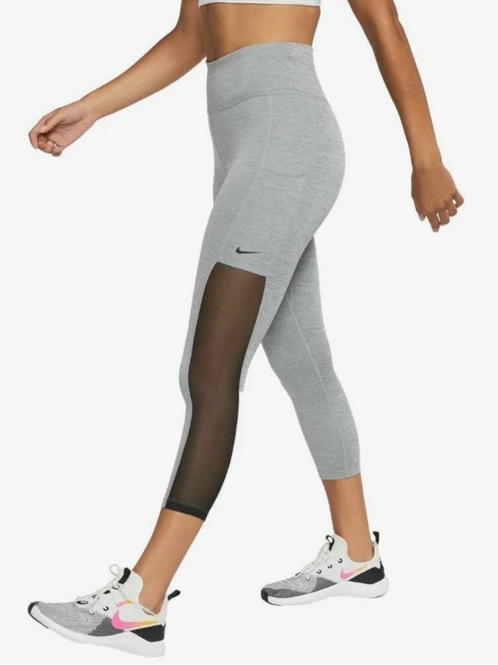 Nike Women Training Crop 7/8 Mesh Tights Carbon Heather Size M